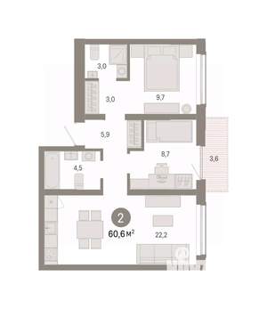 2-к квартира, вторичка, 61м2, 4/8 этаж