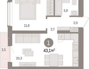 1-к квартира, вторичка, 43м2, 14/15 этаж