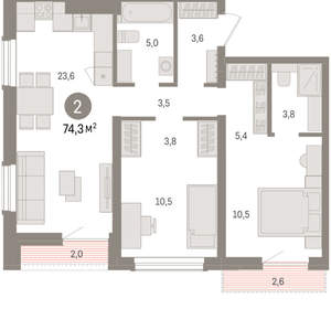 2-к квартира, вторичка, 74м2, 13/15 этаж