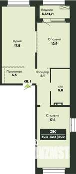 2-к квартира, строящийся дом, 64м2, 5/14 этаж