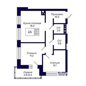 2-к квартира, вторичка, 56м2, 7/10 этаж