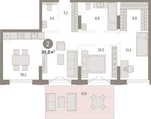 2-к квартира, вторичка, 96м2, 1/17 этаж