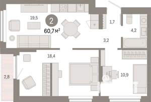 2-к квартира, вторичка, 61м2, 5/9 этаж