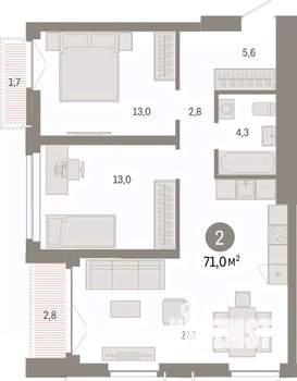2-к квартира, вторичка, 71м2, 12/23 этаж