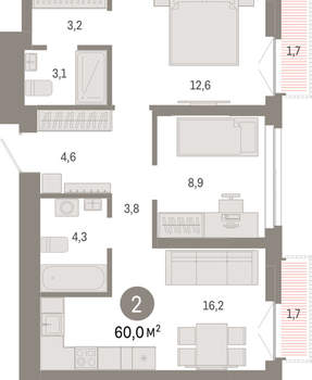 2-к квартира, вторичка, 60м2, 16/23 этаж