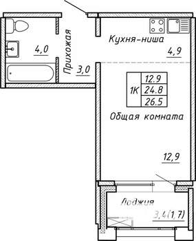 1-к квартира, вторичка, 27м2, 15/15 этаж
