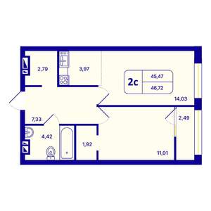 2-к квартира, вторичка, 47м2, 2/26 этаж