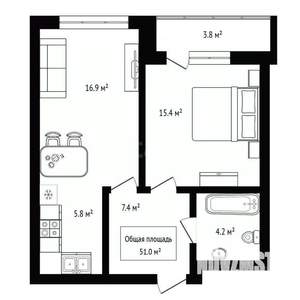 1-к квартира, вторичка, 51м2, 12/14 этаж