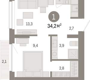 1-к квартира, вторичка, 34м2, 5/12 этаж
