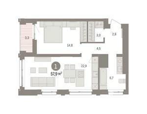 1-к квартира, вторичка, 58м2, 13/16 этаж