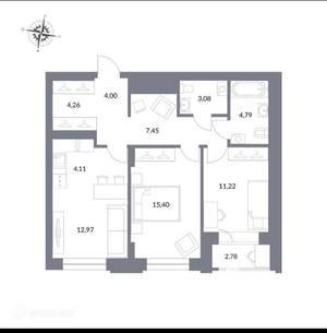 3-к квартира, сданный дом, 67м2, 22/25 этаж