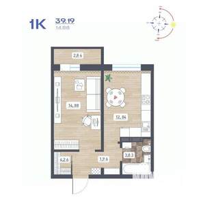 1-к квартира, строящийся дом, 39м2, 9/17 этаж