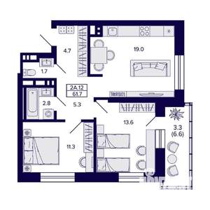 2-к квартира, вторичка, 62м2, 20/20 этаж