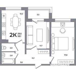 2-к квартира, вторичка, 59м2, 2/12 этаж