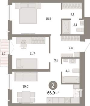 2-к квартира, вторичка, 67м2, 21/23 этаж