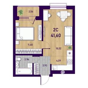 2-к квартира, вторичка, 42м2, 17/23 этаж