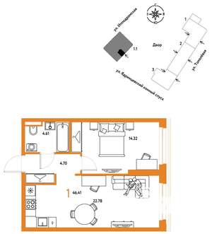 1-к квартира, вторичка, 46м2, 4/30 этаж