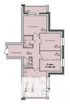 3-к квартира, строящийся дом, 71м2, 2/9 этаж