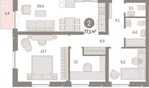 2-к квартира, вторичка, 77м2, 4/23 этаж