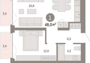 1-к квартира, вторичка, 48м2, 3/23 этаж