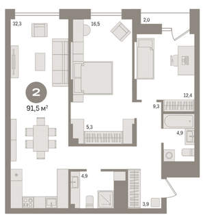 2-к квартира, вторичка, 91м2, 8/18 этаж