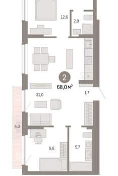 2-к квартира, вторичка, 68м2, 9/12 этаж