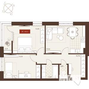 3-к квартира, вторичка, 63м2, 5/24 этаж