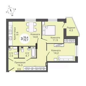 3-к квартира, вторичка, 73м2, 2/17 этаж