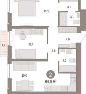 2-к квартира, вторичка, 67м2, 4/23 этаж