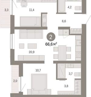2-к квартира, вторичка, 67м2, 5/15 этаж