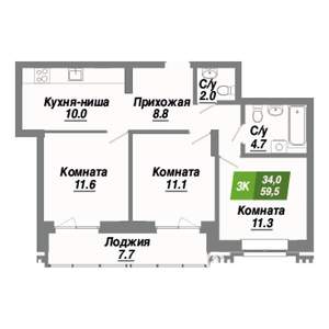 3-к квартира, строящийся дом, 60м2, 10/10 этаж
