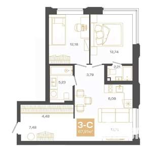3-к квартира, строящийся дом, 68м2, 19/24 этаж