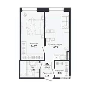 2-к квартира, строящийся дом, 41м2, 1/9 этаж