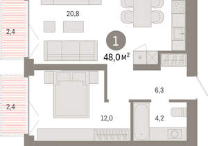 1-к квартира, вторичка, 48м2, 2/23 этаж