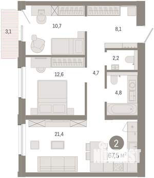 2-к квартира, вторичка, 67м2, 6/14 этаж