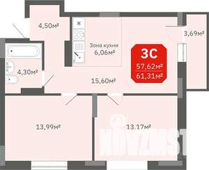 2-к квартира, строящийся дом, 61м2, 5/17 этаж