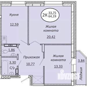 2-к квартира, строящийся дом, 64м2, 9/25 этаж