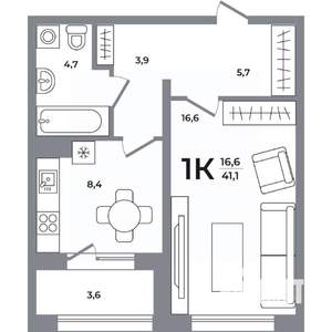 1-к квартира, вторичка, 41м2, 2/12 этаж