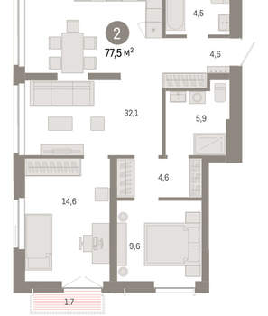 2-к квартира, вторичка, 77м2, 9/23 этаж