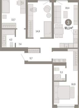 3-к квартира, вторичка, 91м2, 7/15 этаж