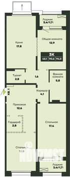 3-к квартира, строящийся дом, 94м2, 1/14 этаж