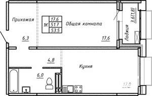 1-к квартира, вторичка, 54м2, 9/15 этаж