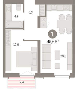 1-к квартира, вторичка, 46м2, 2/23 этаж
