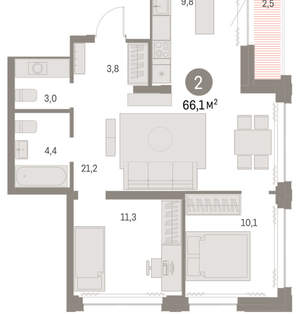 2-к квартира, вторичка, 66м2, 24/30 этаж