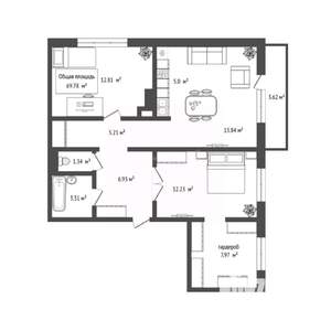 2-к квартира, вторичка, 70м2, 1/10 этаж