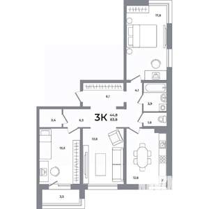 3-к квартира, вторичка, 83м2, 7/12 этаж