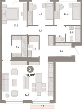 3-к квартира, вторичка, 105м2, 9/12 этаж