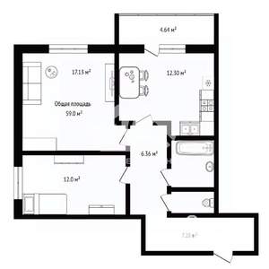2-к квартира, вторичка, 59м2, 14/16 этаж