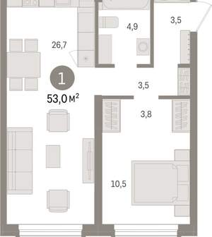 1-к квартира, вторичка, 53м2, 2/15 этаж