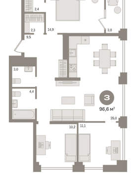 3-к квартира, вторичка, 97м2, 6/30 этаж